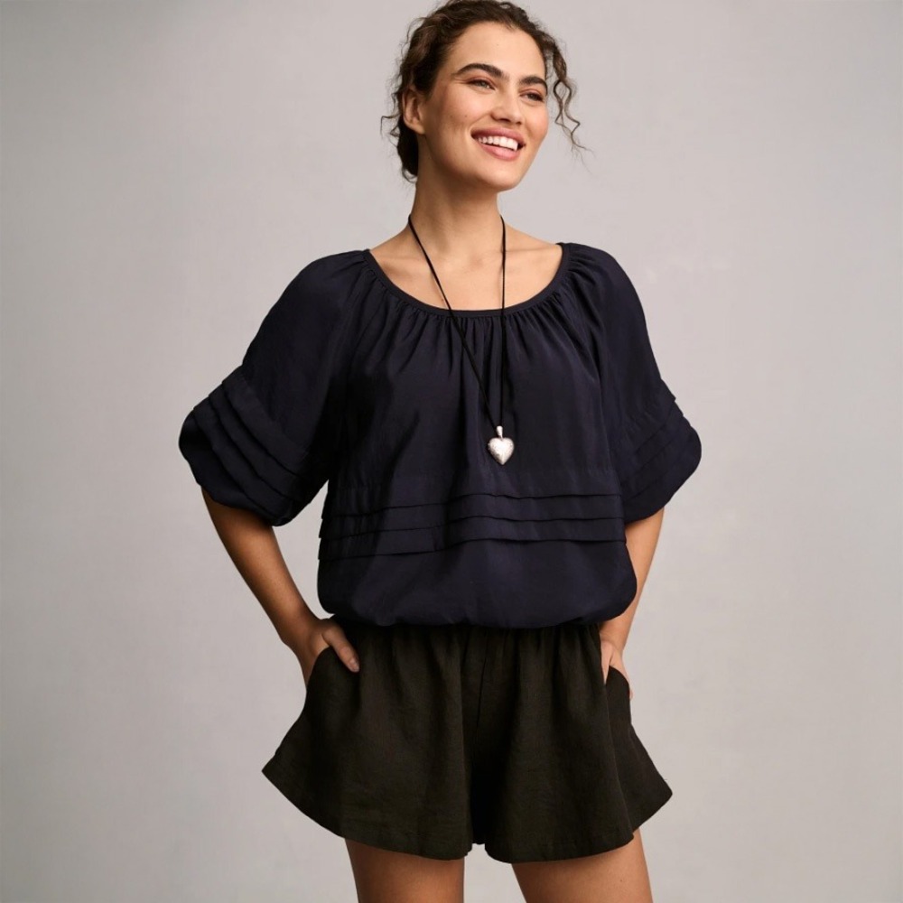 Maeve Anthropologie Short-Sleeve Bubble‎ Tiered Top Navy Blue Women's Size Small